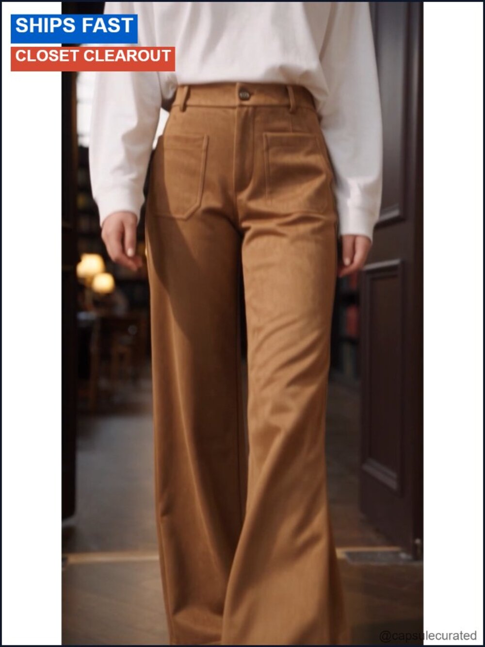 Suede Straight Leg High Waisted Trousers Casual Fall Pants - Picture 6 of 6